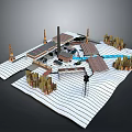 Detailed Miniature Landscape Model Featuring Architectural Structures Trees And Striped Ground Texture