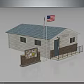 Small Township Building With Blue Roof American Flag And Bulletin Board