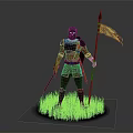 Knight In Red Armor Holding Flag And Sword Standing On Green Grass