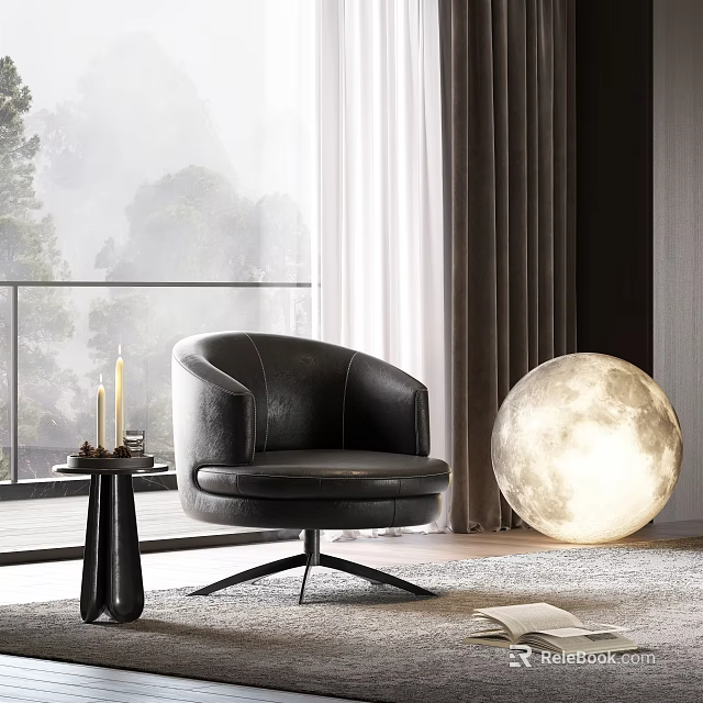 Modern Black Leather Single Chair With Swivel Base Moon Lamp Near Floor To Ceiling Window 3d model 
