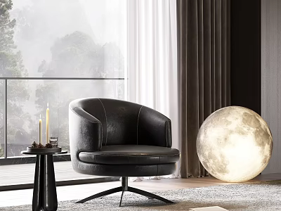 Modern Black Leather Single Chair With Swivel Base Moon Lamp Near Floor To Ceiling Window 3d model
