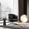 Modern Black Leather Single Chair With Swivel Base Moon Lamp Near Floor To Ceiling Window