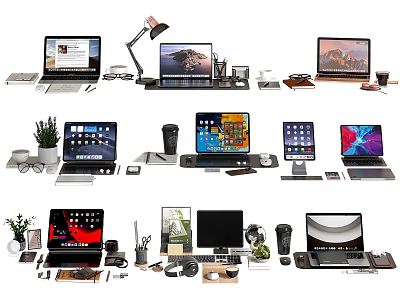 Various Laptop and Tablet Setups with Office Accessories and Tech Devices 3d model
