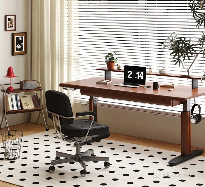Wooden Office Desk Setup With Laptop Office Chair Red Lamp Plants And Bookshelf Near Window 3d model 