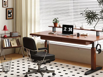 Wooden Office Desk Setup With Laptop Office Chair Red Lamp Plants And Bookshelf Near Window 3d model