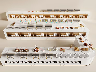 Elegant Marble Buffet Dining Table With Tiered Dishes And Utensils 3d model