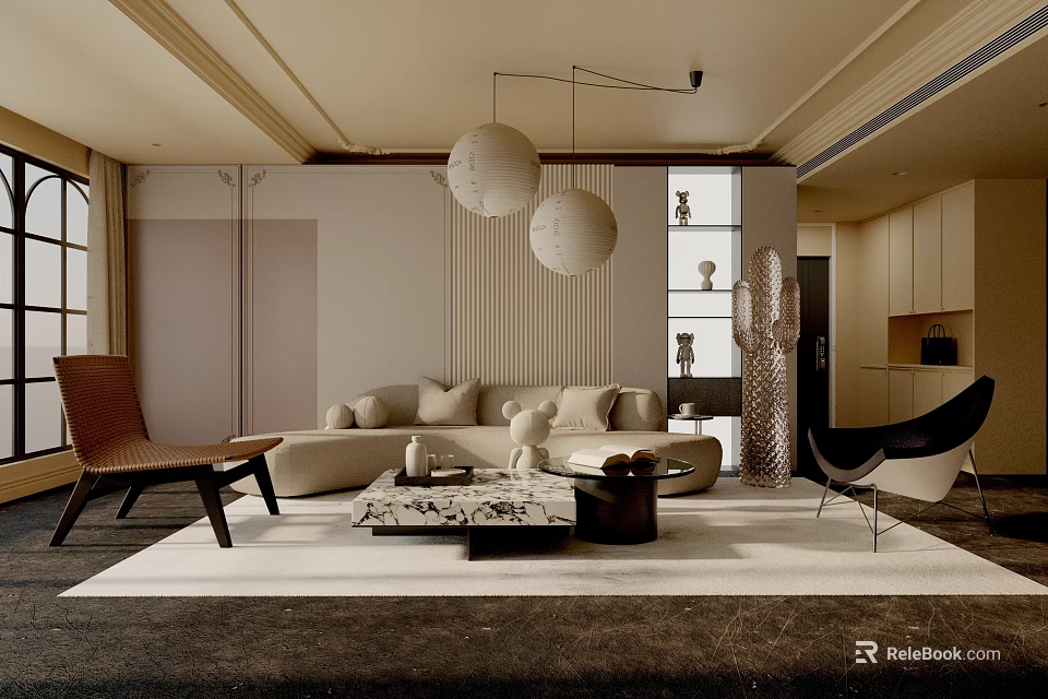 Modern Living Room Interior With Beige Sofa Two White Pendant Lights And Marble Coffee Table 3d model 