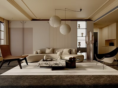 Modern Living Room Interior With Beige Sofa Two White Pendant Lights And Marble Coffee Table 3d model