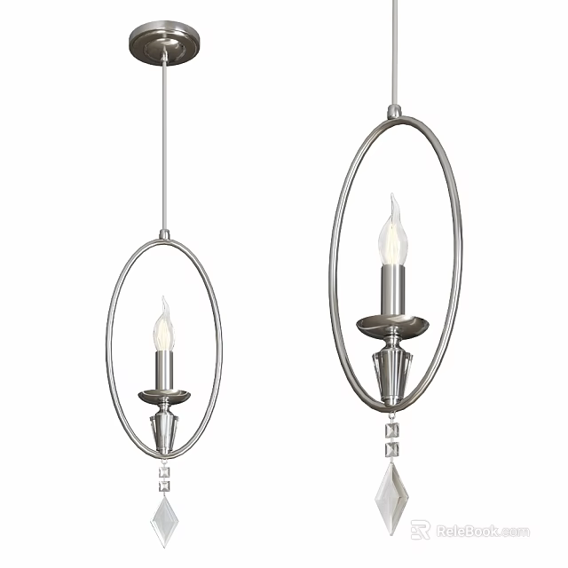 Elegant Silver Ceiling Light with Oval Metal Frame Candle Shaped Bulb and Decorative Pendant 3d model 