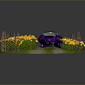 Purple Convertible Car Surrounded By Yellow Flowers Wooden Fence And Path