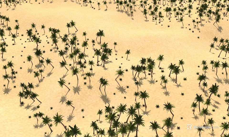 Vast Desert Scene With Numerous Small Palm Trees And Sandy Terrain 3d model 