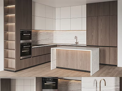 Modern Kitchen Interior Design With Wooden White Cabinets Marble Island And Built in Oven 3d model