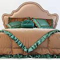 Double Bed With Brown Green Velvet Quilt Decorative Pillows And Upholstered Headboard