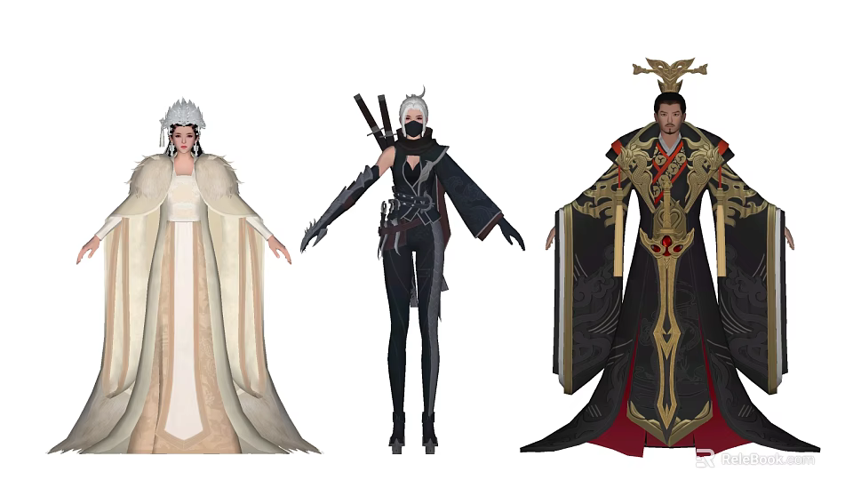 Fantasy Style Game and Movie Characters With White Robes Black Outfits Golden Decorations 3d model 