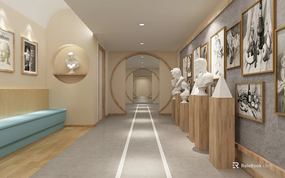Elevator Hallway With White Statues On Wooden Pedestals Black White Paintings And Light Blue Bench 3d model 