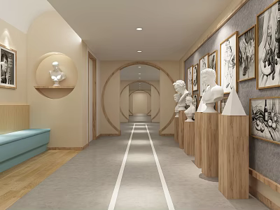 Elevator Hallway With White Statues On Wooden Pedestals Black White Paintings And Light Blue Bench 3d model