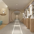 Elevator Hallway With White Statues On Wooden Pedestals Black White Paintings And Light Blue Bench
