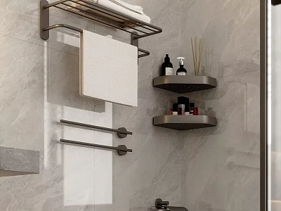 Modern Bathroom Accessories With Towel Rack Shelf And Toiletries In Bathroom Interior 3d model
