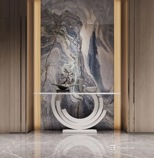 Modern Console Table With White Curved Frame And Marble Wall Decorative Items 3d model 