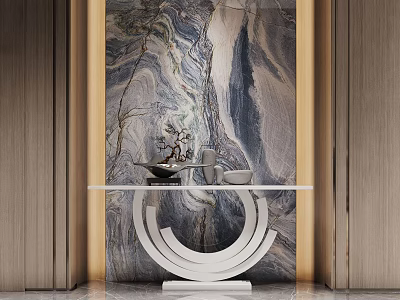 Modern Console Table With White Curved Frame And Marble Wall Decorative Items 3d model