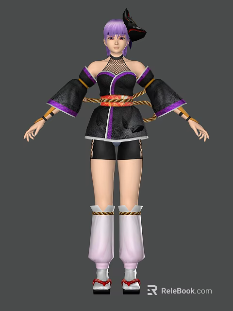 Woman Wearing Black And Purple Top With Golden Belt Black Shorts And White Long Boots 3d model 