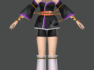 Woman Wearing Black And Purple Top With Golden Belt Black Shorts And White Long Boots 3d model