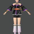 Woman Wearing Black And Purple Top With Golden Belt Black Shorts And White Long Boots