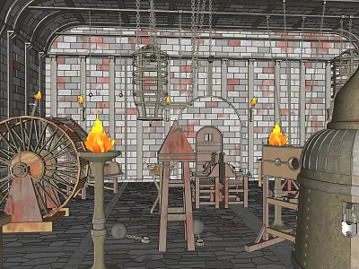 Medieval Torture Chamber With Chains Flames Torture Devices And Brick Walls 3d model