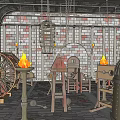 Medieval Torture Chamber With Chains Flames Torture Devices And Brick Walls