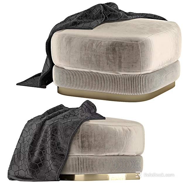 Modern Cream Velvet Ottoman With Pleated Details And Black Throw Blanket 3d model 