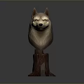 Realistic Wolf Head Sculpture Displayed On Tree Stump Base