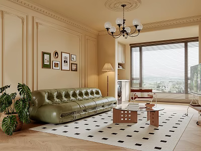 Elegant Living Room Interior with Green Leather Sofa Black White Checkered Rug Wooden Coffee Table Beige Walls Chandelier 3d model