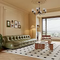Elegant Living Room Interior with Green Leather Sofa Black White Checkered Rug Wooden Coffee Table Beige Walls Chandelier