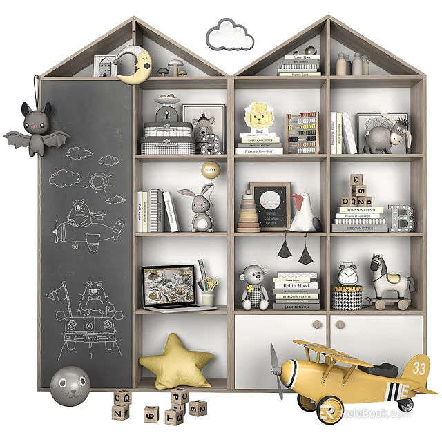 Kids' Decorative Display Cabinet Featuring Chalkboard Toys Books Small Ornaments And Star Decor 3d model 