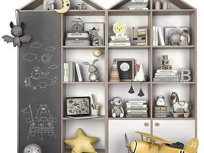 Kids' Decorative Display Cabinet Featuring Chalkboard Toys Books Small Ornaments And Star Decor 3d model