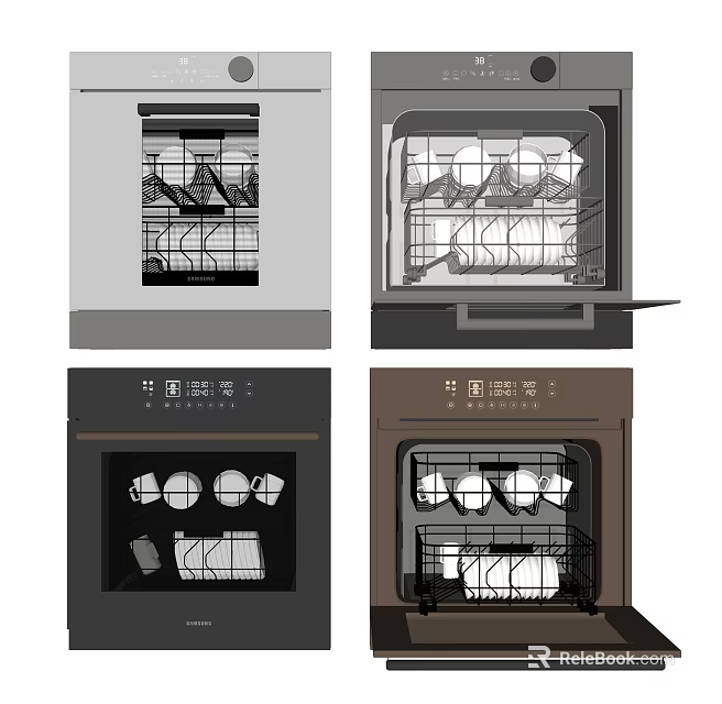 Modern Kitchen Dishwashers In Different Colors With Open Door And Interior View 3d model 