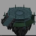 Ancient Floating Platform Featuring Green Roof Ornate Towers And Intricate Design