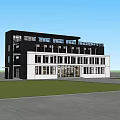Modern Multi Storey Office Building Black White Exterior Large Windows Green Lawn Front Blue Sky