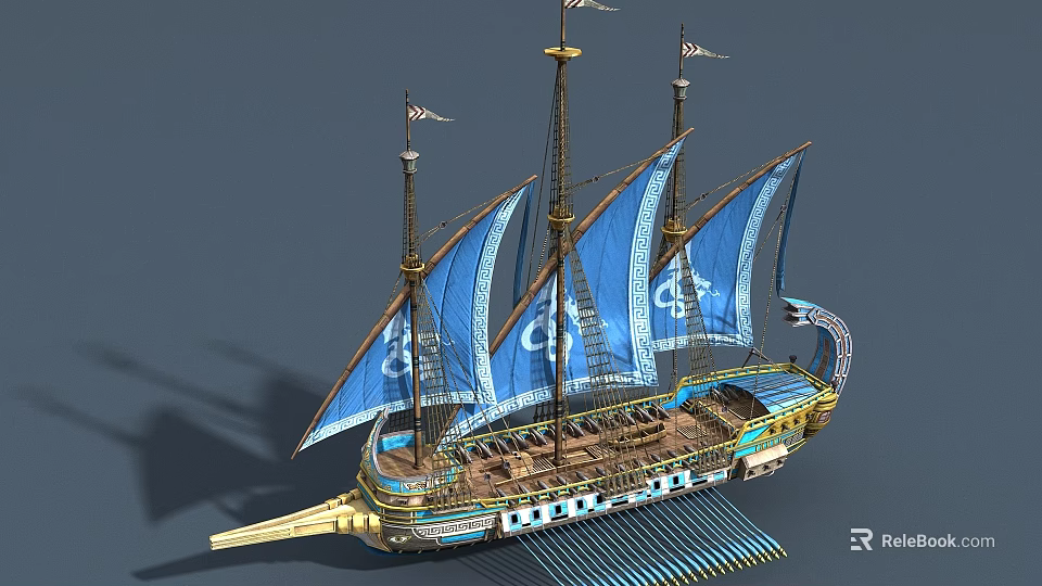 Antique Wooden Ship With Blue Sails Multiple Masts And Decorative Hull Structure 3d model 