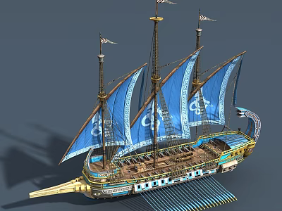Antique Wooden Ship With Blue Sails Multiple Masts And Decorative Hull Structure 3d model
