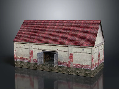 Vintage Small Building With Red Tiled Roof Off White Walls And Wooden Door 3d model