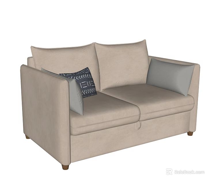 Modern Beige Two Seater Sofa with Decorative Patterned Pillow and Light Gray Cushion 3d model