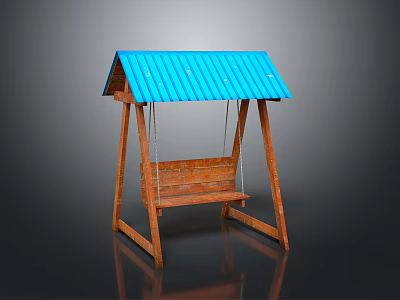 Wooden Swing With Blue Roof And Sturdy Wooden Frame For Outdoor Relaxation 3d model