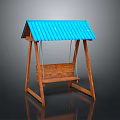 Wooden Swing With Blue Roof And Sturdy Wooden Frame For Outdoor Relaxation
