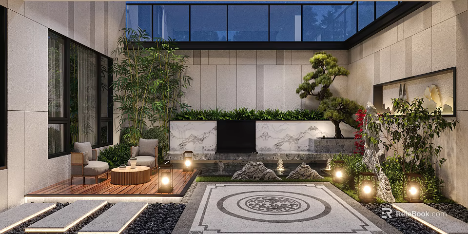 Contemporary Garden Landscape Design With Greenery Water Feature Stone Path And Ambient Lighting 3d model 