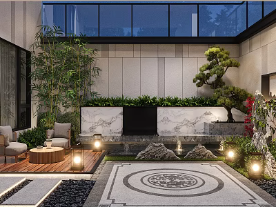 Contemporary Garden Landscape Design With Greenery Water Feature Stone Path And Ambient Lighting 3d model