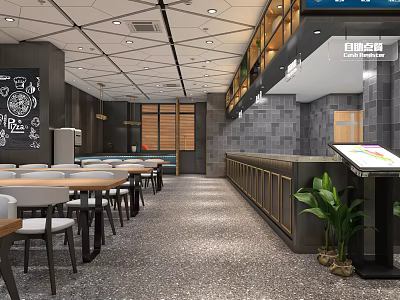 Modern Restaurant Interior With Geometric Ceiling Tables Chairs Bar Counter And Wall Decor 3d model