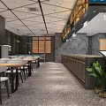 Modern Restaurant Interior With Geometric Ceiling Tables Chairs Bar Counter And Wall Decor