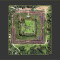 Scenic Landscape Featuring Ancient Square Stone Structure With Green Vegetation And Purple Circular Area