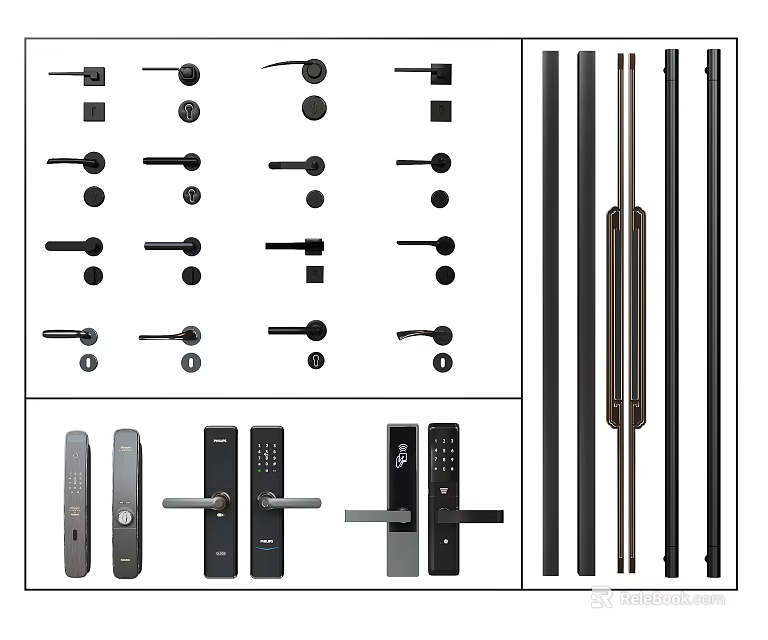 Various Modern And Traditional Door Handles With Different Design Styles And Lock Features 3d model 